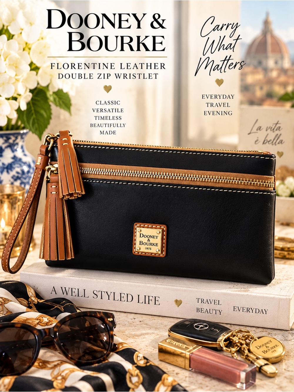 Dooney & Bourke Large Double Zip Florentine Leather Wristlet & Wallet NWT
